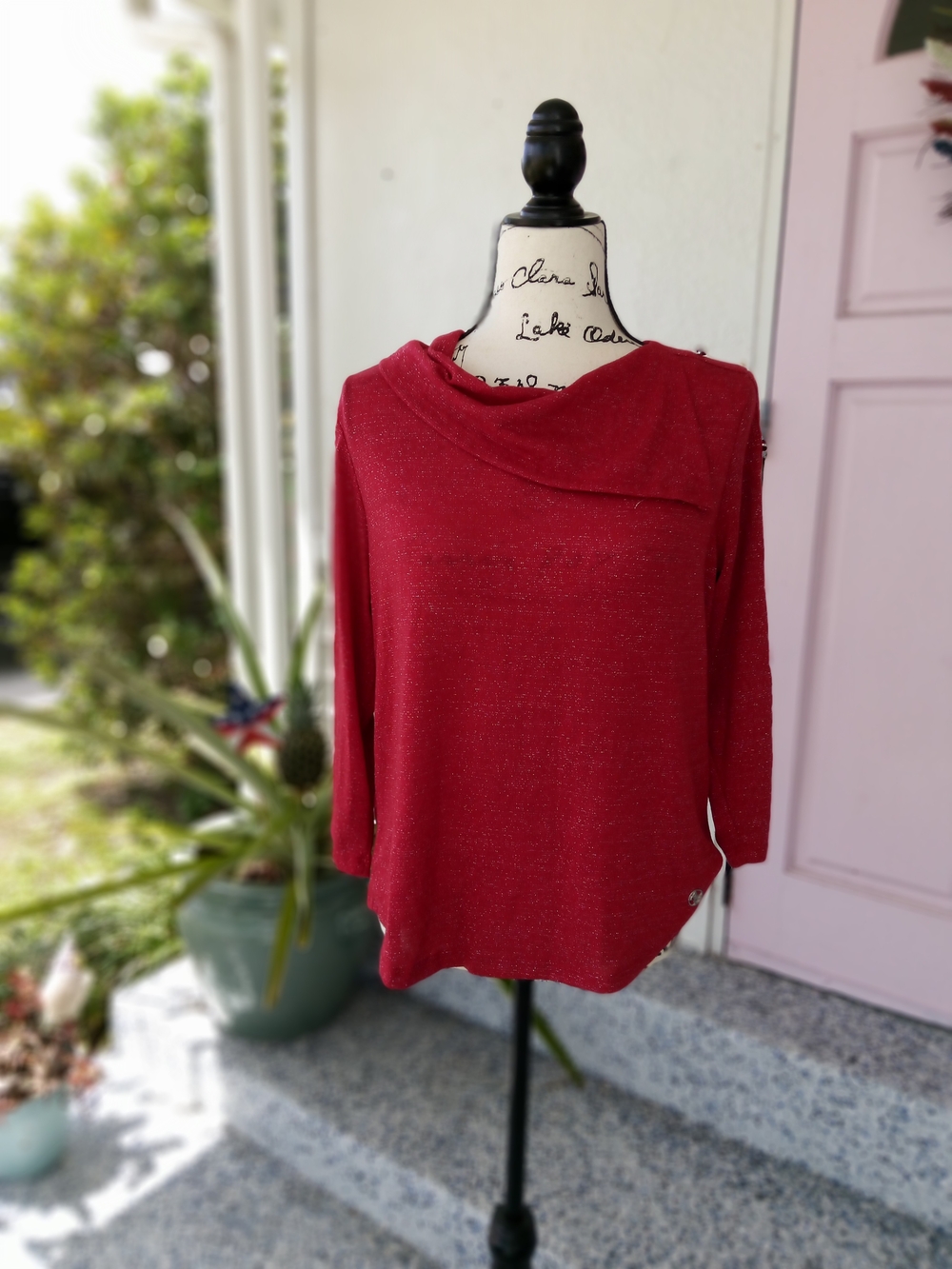 💋 Adrienne Vittadini Red Shimmer Knit Sweater - Classic Draped Neck